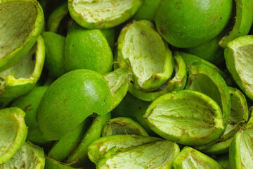 green peel of peeled walnuts close-up. background with green walnut shells.
