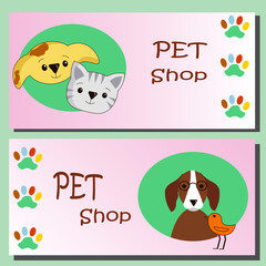 Illustration flyer pet store. Vector illustration. Flyer or postcard template. Advertising for shops, decor, design, discounts. 