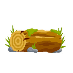 Vector brown log with green moss and stone. Building wood material, natural element. Environment of forest. Set of cartoon illustration