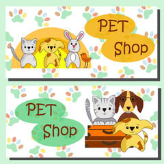 Pet shop. Vector illustration Template for flyer or postcard. Advertising for mangazines, decor, design, discounts.
