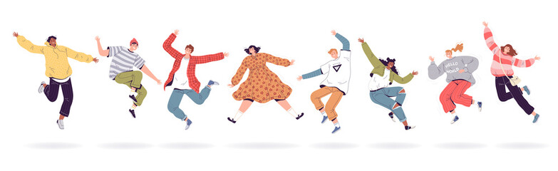 Happy jumping people in modern clothes. Young men and women laugh, rejoice and jump. The concept of friendship, success and teamwork