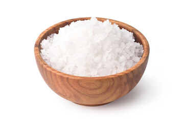 Fototapeta na wymiar Natural sea salt in wooden bowl isolated on white background with clipping path.