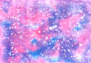 Abstract pink background with stars. Color splashing on paper. Aquarelle texture. Handmade original wallpaper. Beautiful pink, blue, purple and white creative print. Cosmic texture. Original art