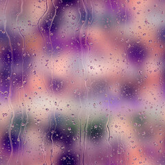 Seamless rain drop water repeat pattern on blur. High quality illustration. Realistic digital render of water droplets and drips on a blurred out pattern background. Pure water with light refraction.