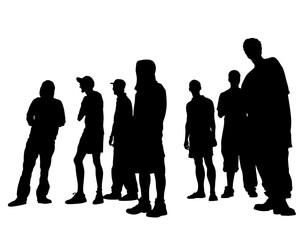 Young people in fashionable clothes on the street. Isolated silhouettes on white background