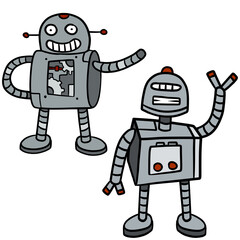 Robot. Doodle character. Friendly Mechanism. Cartoon illustration. Set of cyborgs. Metal computer man. Funny children drawing