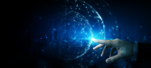 Hand touching abstract network circle technology structure. Innovation networking future worldwide...