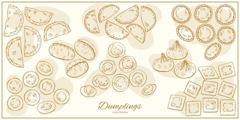 Dumplings hand drawn vector collection in doodle style. Vareniki, pelmeni, meat dumplings, pyanse, khinkali, ravioli, pierogi. National traditional food