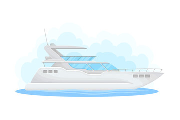 White Luxury Yacht with Cabin as Water Transport Vector Illustration