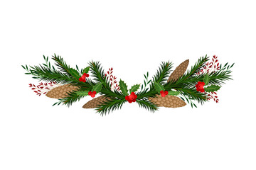 Evergreen Coniferous Tree Branches and Holly Berry Twigs Semicircular Vector Composition