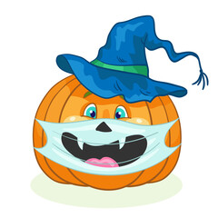 Big funny orange pumpkin in a medical mask and in a witch hat. Symbol of Halloween. Isolated on white background. Coronavirus epidemic concept. In cartoon style. Vector illustration.