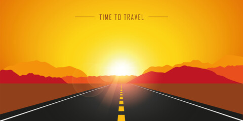 straight asphalt road in autumn at sunrise mountain landscape vector illustration EPS10 © krissikunterbunt