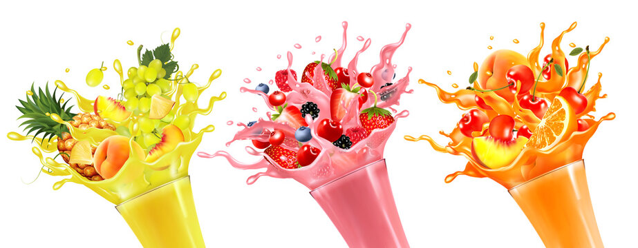 Set of fruit juice splash. Whole and sliced pineapple, mango, peach, orange, cherry, blueberry, strawberry and grape in juice with splashes and drops isolated on transparent background. Vector.