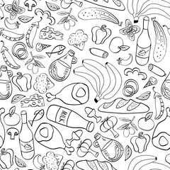 Food hand drawn seamless pattern. Restaurant and cafe background. Vector illustration.
