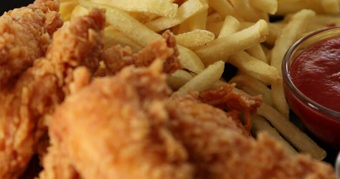 Macro view of Tasty french fries and crispy chicken nuggets with mustard and ketchup isolated on black