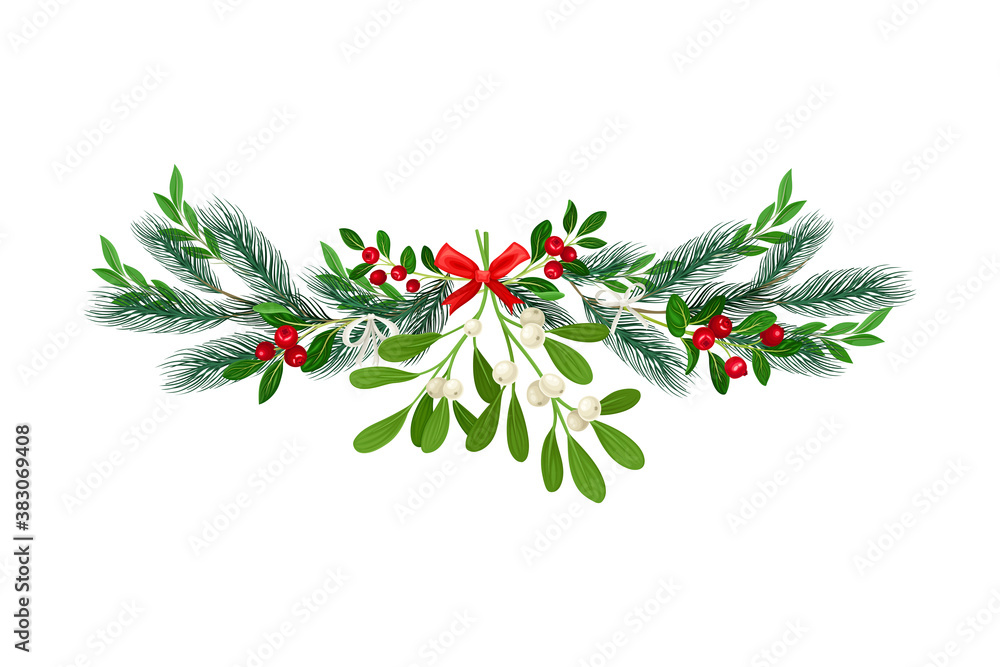 Aufkleber bright coniferous tree branch and mistletoe arranged in semicircular vector composition