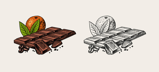 Chocolate bar with orange and coffee beans. Engraved hand drawn vintage sketch. Woodcut style. 