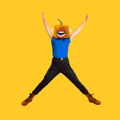 Jumping man headed by pumpkin with bright emotion on yellow. Copyspace for your ad. Modern design. Contemporary artwork, collage. Concept of Halloween, Night of fear, trick or treat, jack-o-lanterns