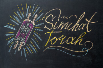 The concept of celebrating the Jewish holiday Simchat Torah. Drawing with crayons on a black board.