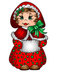 Little girl in a Christmas costume. Wall sticker Color, graphic, decorative portrait of a cute girl in a red Christmas costume. Digital vector drawing.