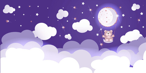 Little bear riding on a moon swing between clouds and shining stars. Vector illustration. Wallpaper for child's room.