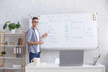 Lecture and lesson online, teacher at home and health protection. Smiling young guy with glasses...