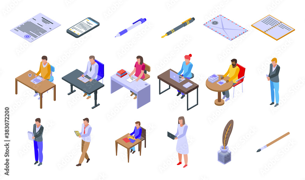 Poster writing icons set. isometric set of writing vector icons for web design isolated on white background