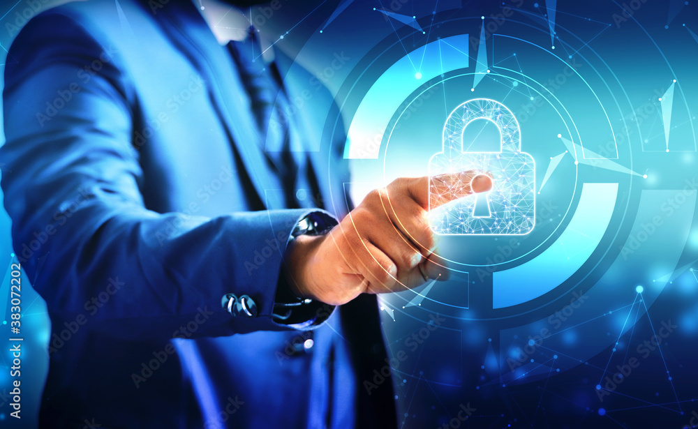 Poster businessman touching lock icon on digital screen with the most advanced security system to access hi