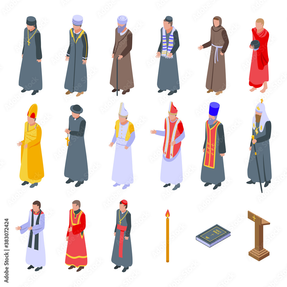Poster priest icons set. isometric set of priest vector icons for web design isolated on white background