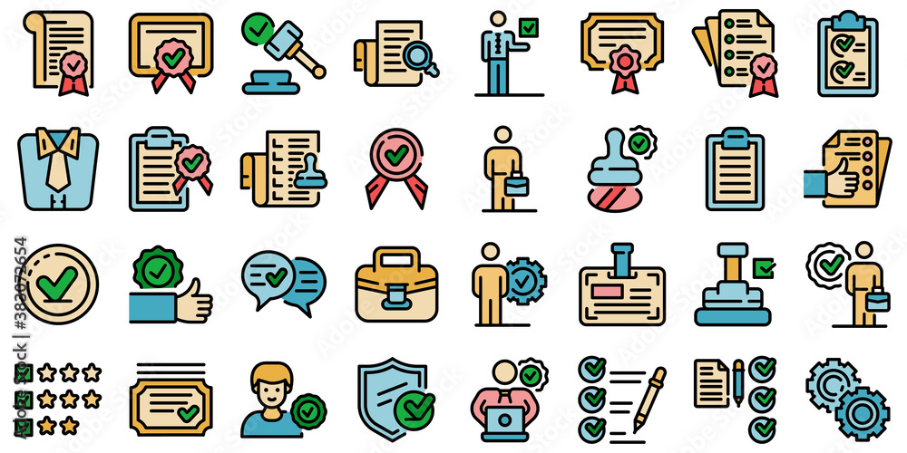Poster quality assurance icons set. outline set of quality assurance vector icons thin line color flat on w