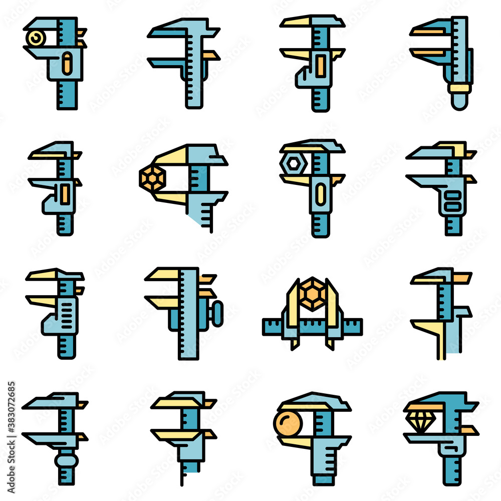 Poster calipers icons set. outline set of calipers vector icons thin line color flat on white
