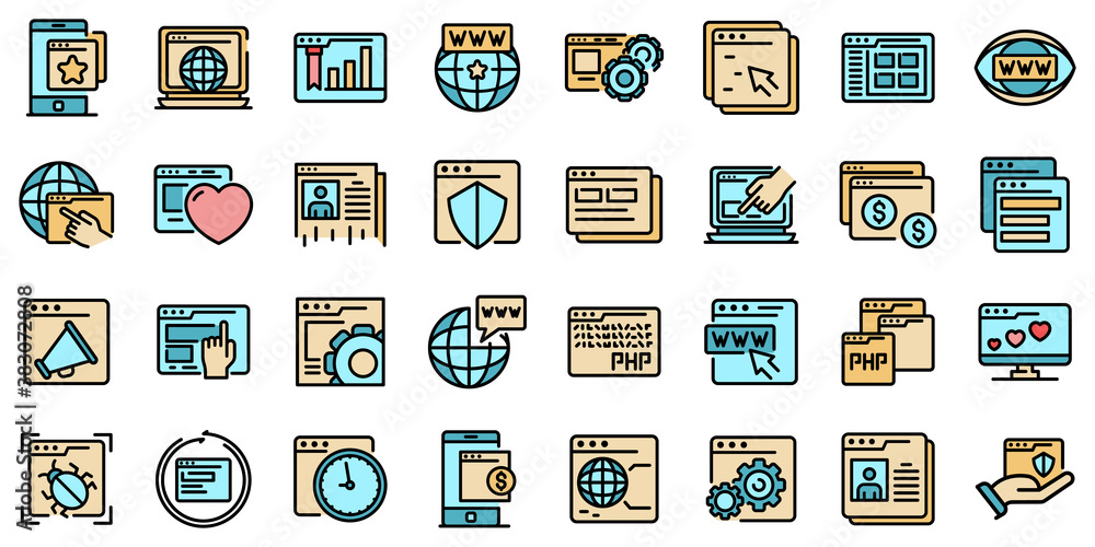 Poster browser icons set. outline set of browser vector icons thin line color flat on white