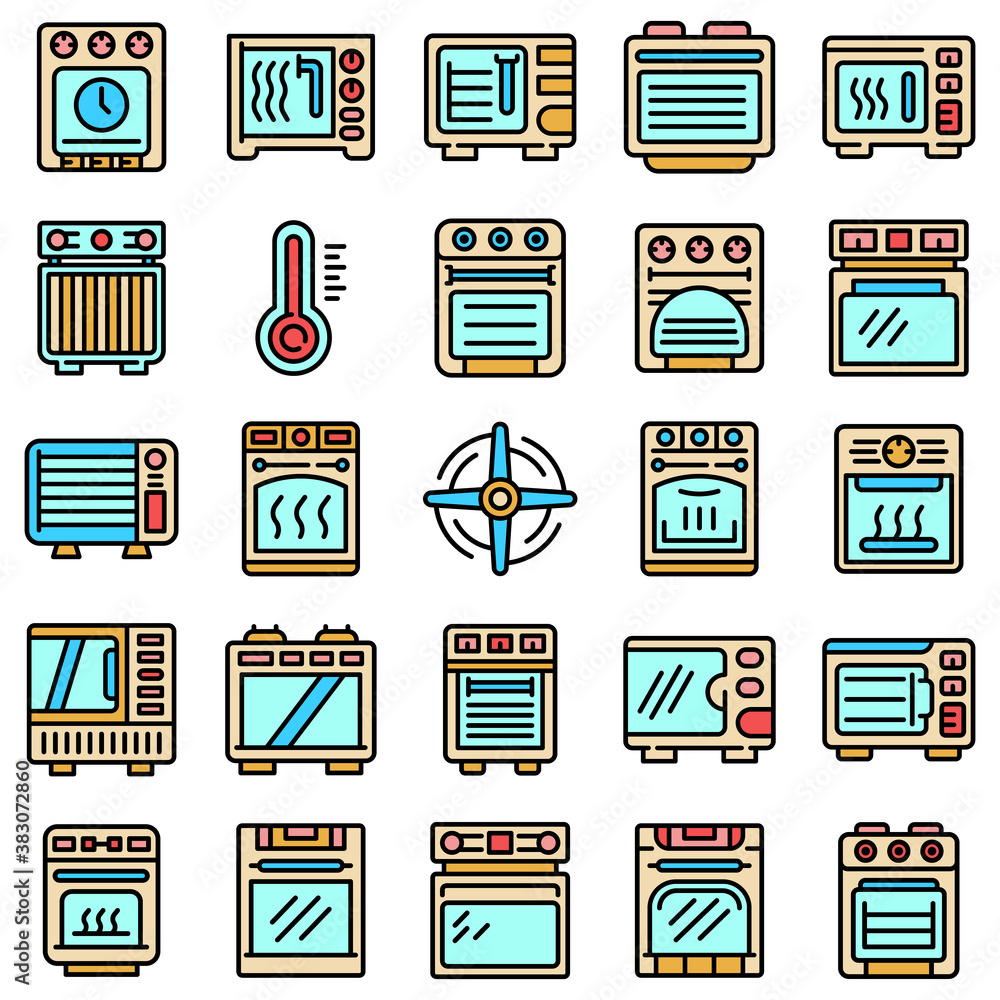 Poster convection oven icons set. outline set of convection oven vector icons thin line color flat on white