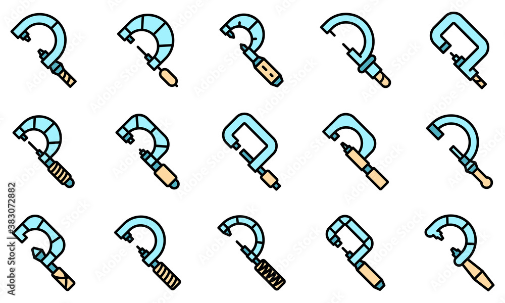 Poster micrometer icons set. outline set of micrometer vector icons thin line color flat on white