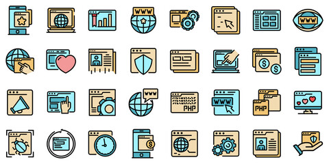 Browser icons set. Outline set of browser vector icons thin line color flat on white