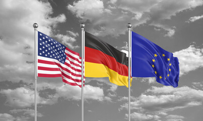 Three realistic flags. Three colored silky flags in the wind: USA (United States of America), EU (European Union) and Germany. 3D illustration.