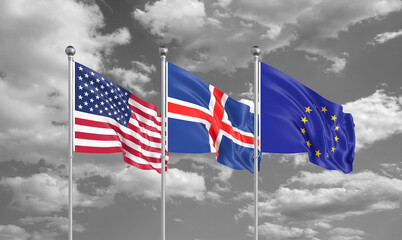 Three realistic flags. Three colored silky flags in the wind: USA (United States of America), EU (European Union) and Iceland. 3D illustration