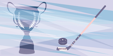 Hockey stick, puck, winner cup - abstract background - vector. Winter sport. Banner horizontal