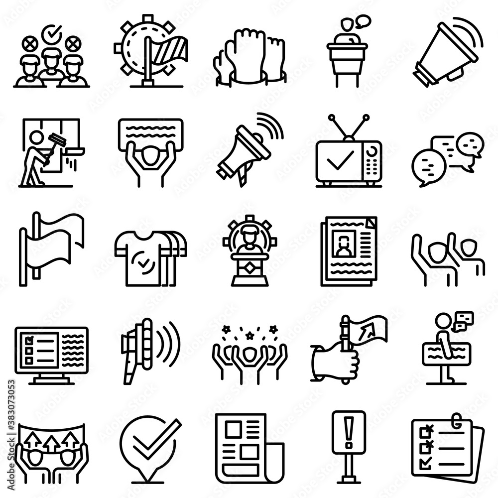 Poster agitation icons set. outline set of agitation vector icons for web design isolated on white backgrou