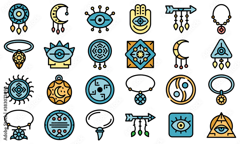 Poster amulet icons set. outline set of amulet vector icons thin line color flat on white