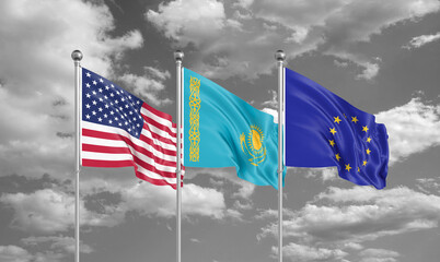 Three realistic flags. Three realistic flags. Three colored silky flags in the wind: USA (United States of America), EU (European Union) and Kazakhstan. 3D illustration.