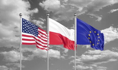 Three realistic flags. Three colored silky flags in the wind: USA (United States of America), EU (European Union) and Poland. 3D illustration.