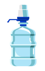 Water pump bottle. Cooler tank full of purified or mineral drinking water equipped with push pump isolated on white background. Big plastic container for pure fluid vector illustration