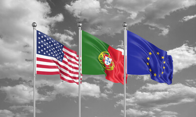 Three realistic flags. Three colored silky flags in the wind: USA (United States of America), EU (European Union) and Portugal. 3D illustration.