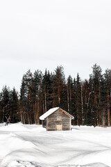 Old rustic wooden house in a forest at Winter