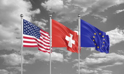 Three realistic flags. Three colored silky flags in the wind: USA (United States of America), EU (European Union) and Switzerland. 3D illustration.