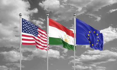 Three realistic flags. Three realistic flags. Three colored silky flags in the wind: USA (United States of America), EU (European Union) and Tajikistan. 3D illustration.