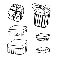 Gifts doodle set. Collection of hand drawn gift boxes and pockets. Illustrations . Isolated on white.