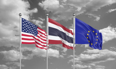 Three realistic flags. Three colored silky flags in the wind: USA (United States of America), EU (European Union) and Thailand. 3D illustration.
