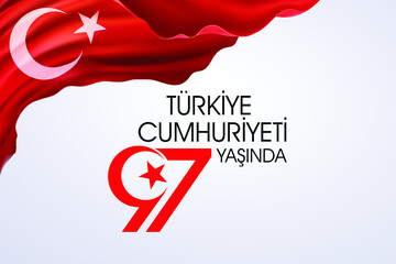 Turkiye Cumhuriyeti 97 yasinda, Republic Day in Turkey. Translation: Republic of Turkey 97 years old. Vector illustration, poster, celebration card, graphic, post and story design.